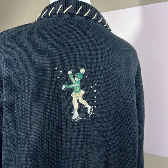 Vintage Erika Black Embroidered Beaded Winter Snow Ice Skater Cardigan Full Zip - Picture 7 of 10